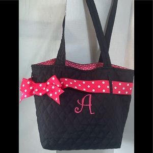 Black with wide Pink Polkadot Ribbon Handbag